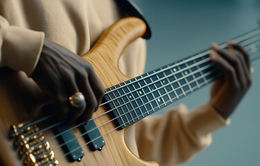 Fototapeta premium Musician rehearses electric bass guitar with focus in studio during band practice