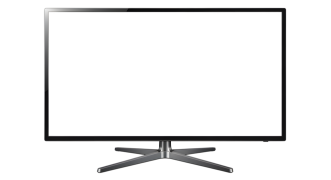 A modern flatscreen television with a blank white screen, isolated on transparent background, showcasing its sleek design and stand, perfect for displaying content or as a product shot