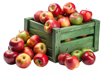 Fresh red apples spilling from weathered green wood crate isolated on a transparent background