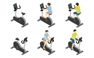 アイソメトリックイラスト：エアロバイクに乗る男女