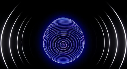 Abstract glowing blue fingerprint with radiating light lines on a dark background representing digital security identity and biometric authentication technology