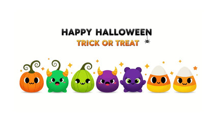 Whimsical Halloween: A collection of adorable, animated Halloween characters, including pumpkin, monsters, and candy corn, line up to celebrate the season. Capturing a vibrant, cheerful spirit.