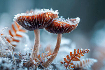 Frost-Covered Mushrooms Amidst Ferns in Winter.