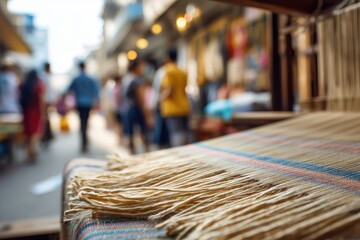 Beige Textile On A Loom In A Busy Marketplace