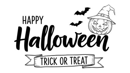 Spooky Greetings: A festive Halloween illustration with a carved pumpkin wearing a witch hat, complemented by flying bats and the playful words Happy Halloween and Trick or Treat.
