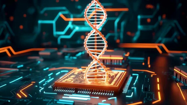 Glowing DNA Helix Floating above Circuit Board Representing Biotechnology and Innovation