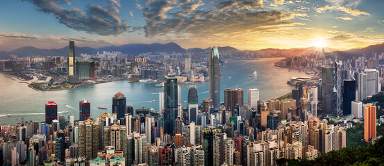 Hong Kong skyline at dramatic sunrise, Victoria harbour