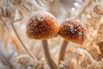 Frost-Covered Mushrooms in Winter Forest.