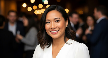 Portrait of a smiling Asian woman with dark wavy hair at a social gathering with warm bokeh lights in the background