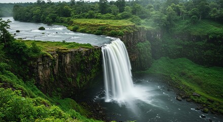 Breathtaking waterfall cascading down lush green cliffs into a river below, serene