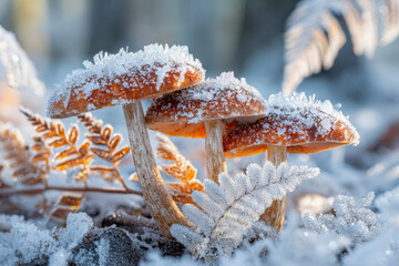 Frost-Covered Mushrooms Amidst Ferns in Winter.