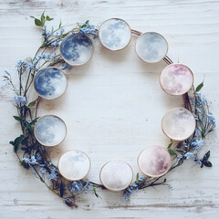 Moon phases arranged in a circle with delicate blue flowers on rustic white wooden background.