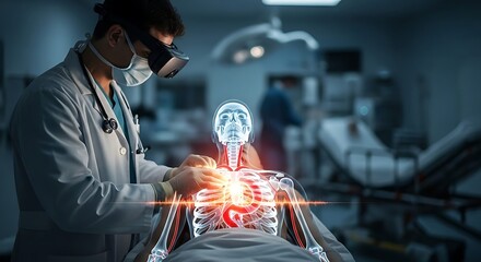 Doctor Using VR Headset For Futuristic Medical Diagnosis In Modern Hospital