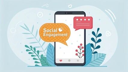 Mobile Phone with Social Engagement Concept Set Against a Soft Blue Background