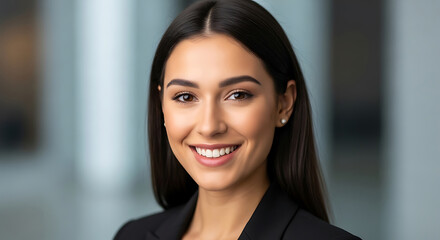 Portrait of a young, attractive woman with long dark hair wearing a black blazer and smiling