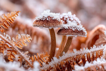 Frost-Covered Mushrooms in Winter Forest.