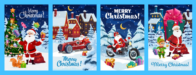 Merry Christmas posters with cheerful Santa Claus and elf cartoon characters, vector Xmas winter holidays. Happy Santa delivering Christmas gifts by retro race car and motorbike, Xmas greeting cards
