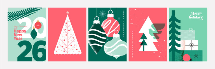 Merry Christmas and Happy New Year Greeting Cards. Vector illustrations for background, greeting card, party invitation card, website banner, social media banner, marketing material.