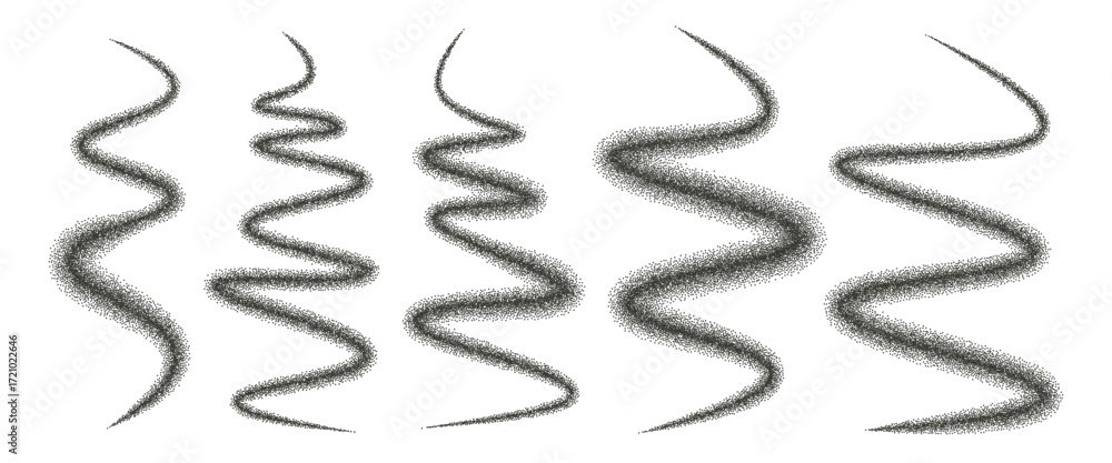 Poster dotwork spray wavy line shapes set. random squiggles paint splash black grain textured. abstract sti