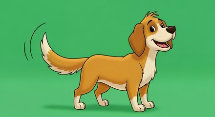 dog wagging its tail, standing on green screen background, cartoon style