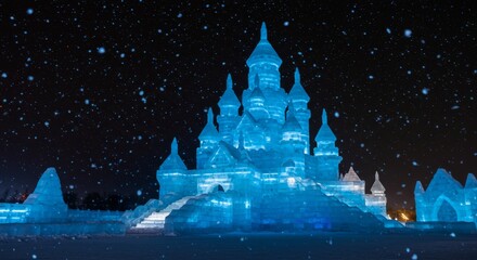 Harbin Ice Festival, ice castle glowing blue, snowflakes