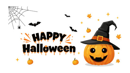 Spooktacular Greetings: A cheerful cartoon pumpkin, adorned with a witch's hat, beams joyfully amidst classic Halloween motifs and a message of festive celebration.