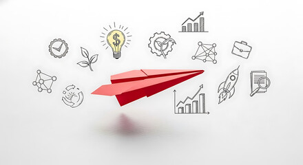 Red Paper Airplane Flying Amidst Hand- Drawn Business and Startup Icons on White Background image