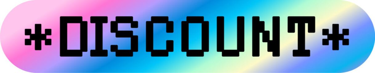 Discount hologram vintage Y2K sticker or symbol. Reflective iridescent shop sale Y2K patch, glossy hologram price off vector sticker. Metallic holographic store sale label with pixelated typography