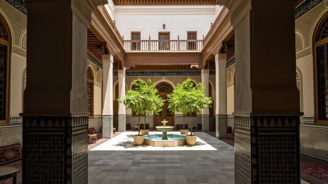A tranquil and symmetrical courtyard with a central fountain, orange trees, and ornate traditional architecture