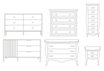 Bedroom dressers and chests of drawers, vector furniture collection