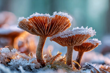 Frost-Covered Mushrooms Amidst Ferns in Winter.