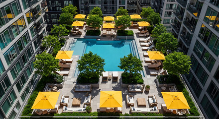 Rooftop Pool Surrounded By Trees And Yellow Umbrellas With Modern Apartment Buildings swimming pool