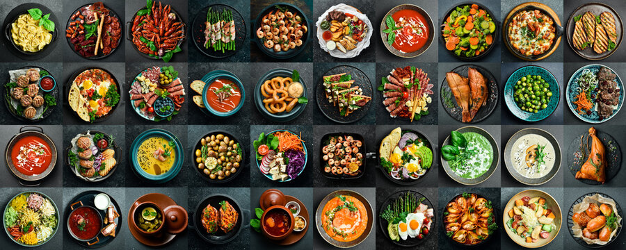 Photo collage of food on plates. Banner with a lot of images of dishes and snacks. On a black background. Top view. Wide horizontal image. - Powered by Adobe