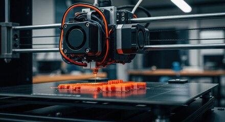Obraz premium 3D printer head extrudes orange filament onto a platform