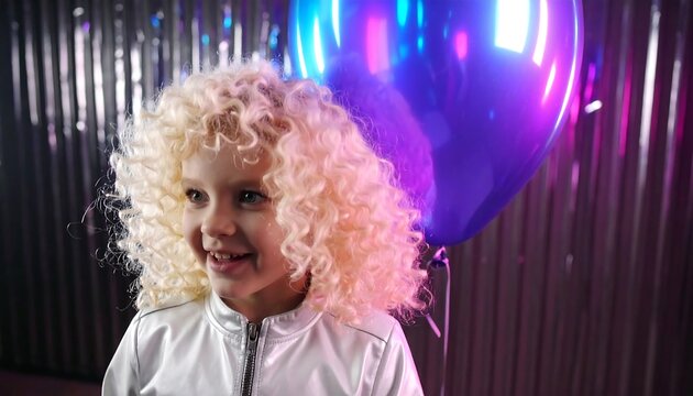 Smiling girl with curly blonde hair and a large, iridescent blue balloon