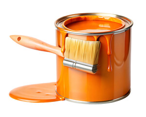 Orange paint can with dripping liquid and brush isolated on a transparent background