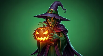 Spooky cartoon-style witch holding a glowing pumpkin, isolated on vibrant green screen background, high contrast, perfect for Halloween overlays