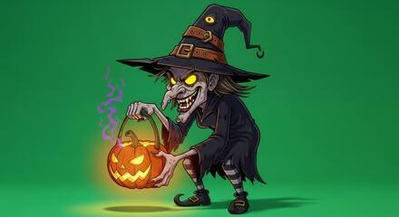 Spooky cartoon-style witch holding a glowing pumpkin, isolated on vibrant green screen background, high contrast, perfect for Halloween overlays