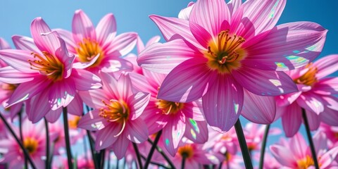 Dahlia Blossoms and Sky: A captivating close-up shot captures the delicate beauty of vibrant pink dahlias reaching toward the radiant blue sky.