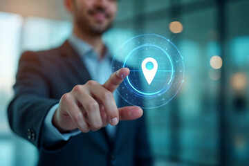 Man in a suit touching a holographic location pin icon on a futuristic interface