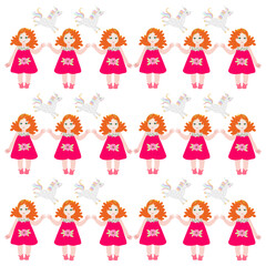 Girls and unicorns. Seamless pattern in vector. White background. Cute illustration. Print for children's fabric.