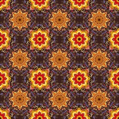 A colorful ethnic pattern with bright mandalas on a complex plant ornament with branches, berries and flowers. Indian, Arabic motifs