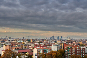 Aerial view of a stormy sky over the Milan skyline