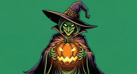Spooky cartoon-style witch holding a glowing pumpkin, isolated on vibrant green screen background, high contrast, perfect for Halloween overlays