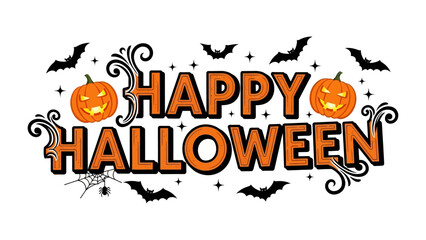 Fototapeta premium Happy Halloween greeting with bats and pumpkins: A festive Halloween design with smiling pumpkins, bats, and ornate lettering in a playful, lighthearted style.