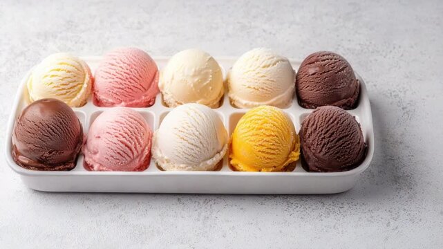 Assorted Ice Cream Scoops in Various Flavors Displayed in a White Plastic Tray on a Light Gray Surface 4k video footage