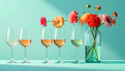 Vibrant flowers cascading into wine glasses on turquoise background