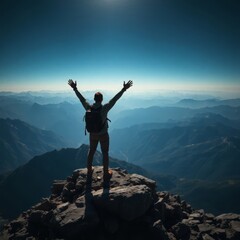 Fototapeta premium Triumph on the Summit: A solitary figure, arms outstretched, stands atop a majestic mountain peak, embracing the vast panorama of rolling mountain ranges and boundless blue sky.