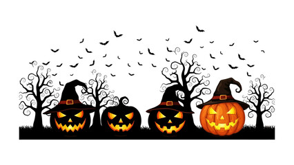 Spooky Halloween pumpkins: A spooky scene featuring Halloween pumpkins with glowing faces and witch hats under the cloudy sky, evoking a sense of eerie, anticipation for the spooky Halloween night.