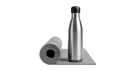 Rolled grey yoga mat and metallic stainless steel water bottle, essential fitness equipment for healthy living and exercise, Transparent Background.